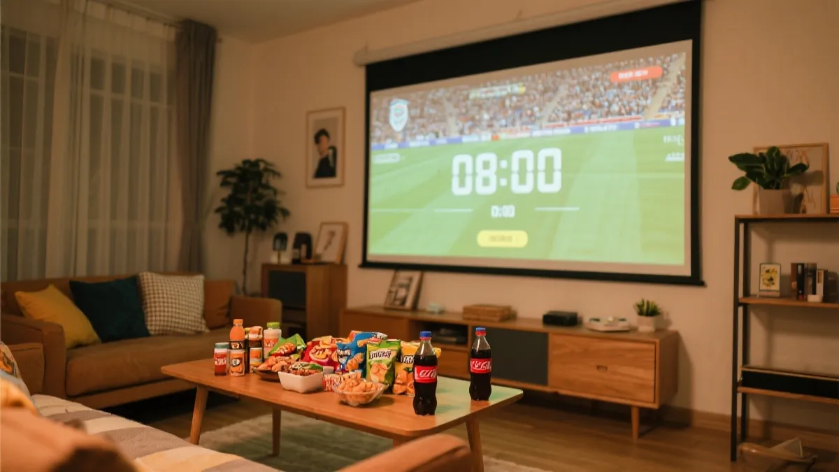 客厅观赛布置：沙发、投影、零食与赛前倒计时氛围