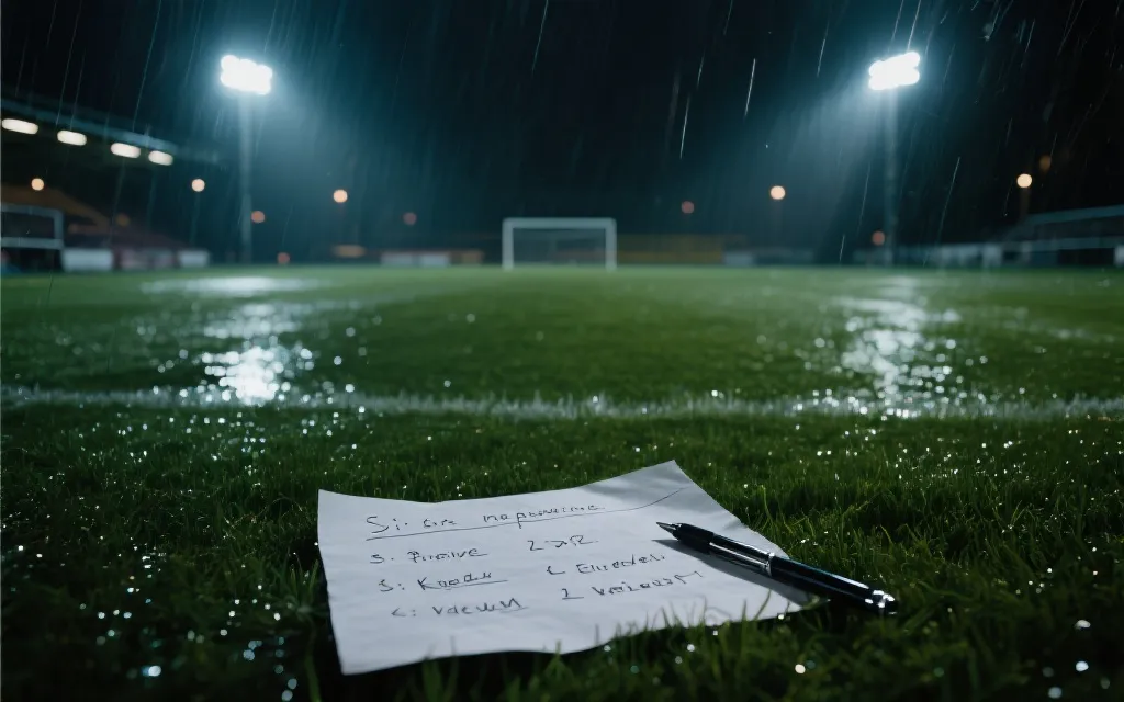 夜间球场在细雨中灯光照亮草皮，球迷手写记录比分区间与关键变量